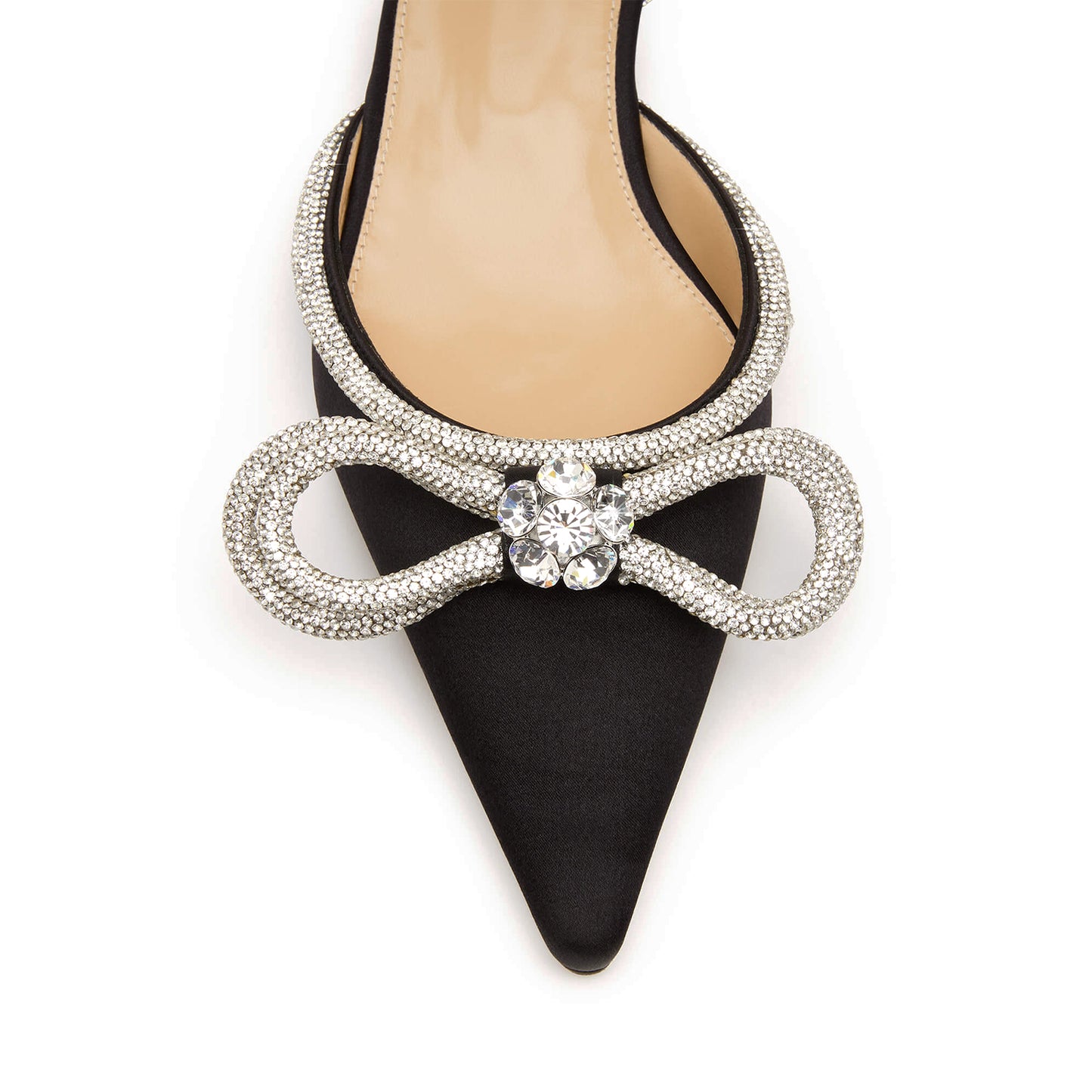 Black Satin Pointed-Toe Glitter Double Bow With Rhinestones Ankle Strap Flats