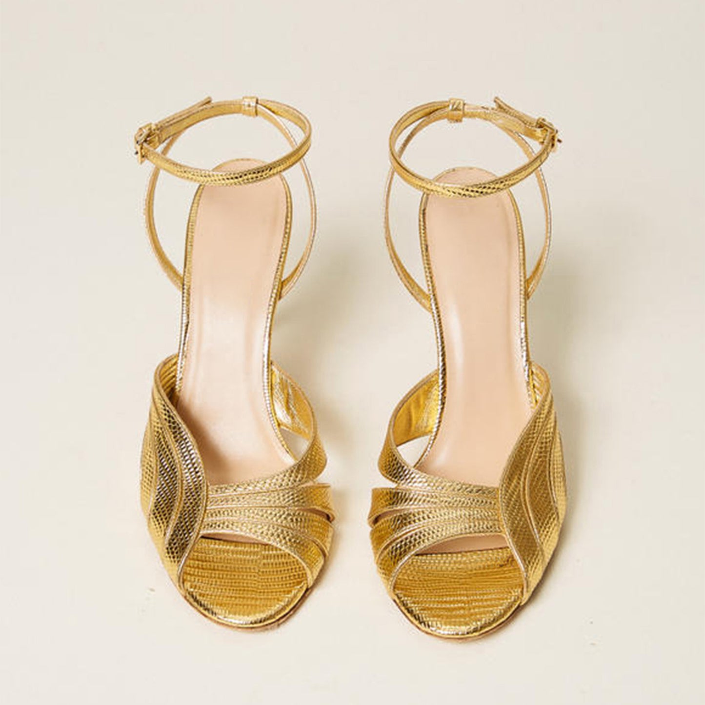 Metallic Gold Lizard Pattern Round-Toe Ankle Strap Sandals High Heels