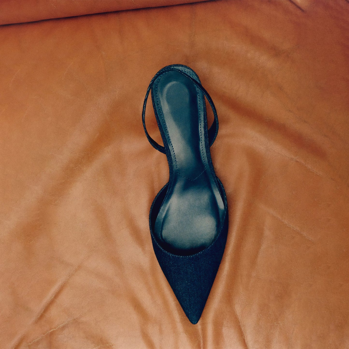 Navy Denim Pointed-Toe Slingback No Fastening Stiletto Kitten Heels