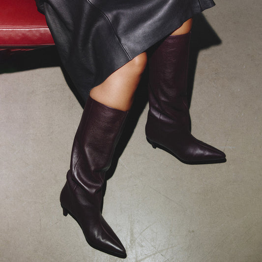 Burgundy Pointed-Toe Wide Calf Knee High Simple Stiletto Boots