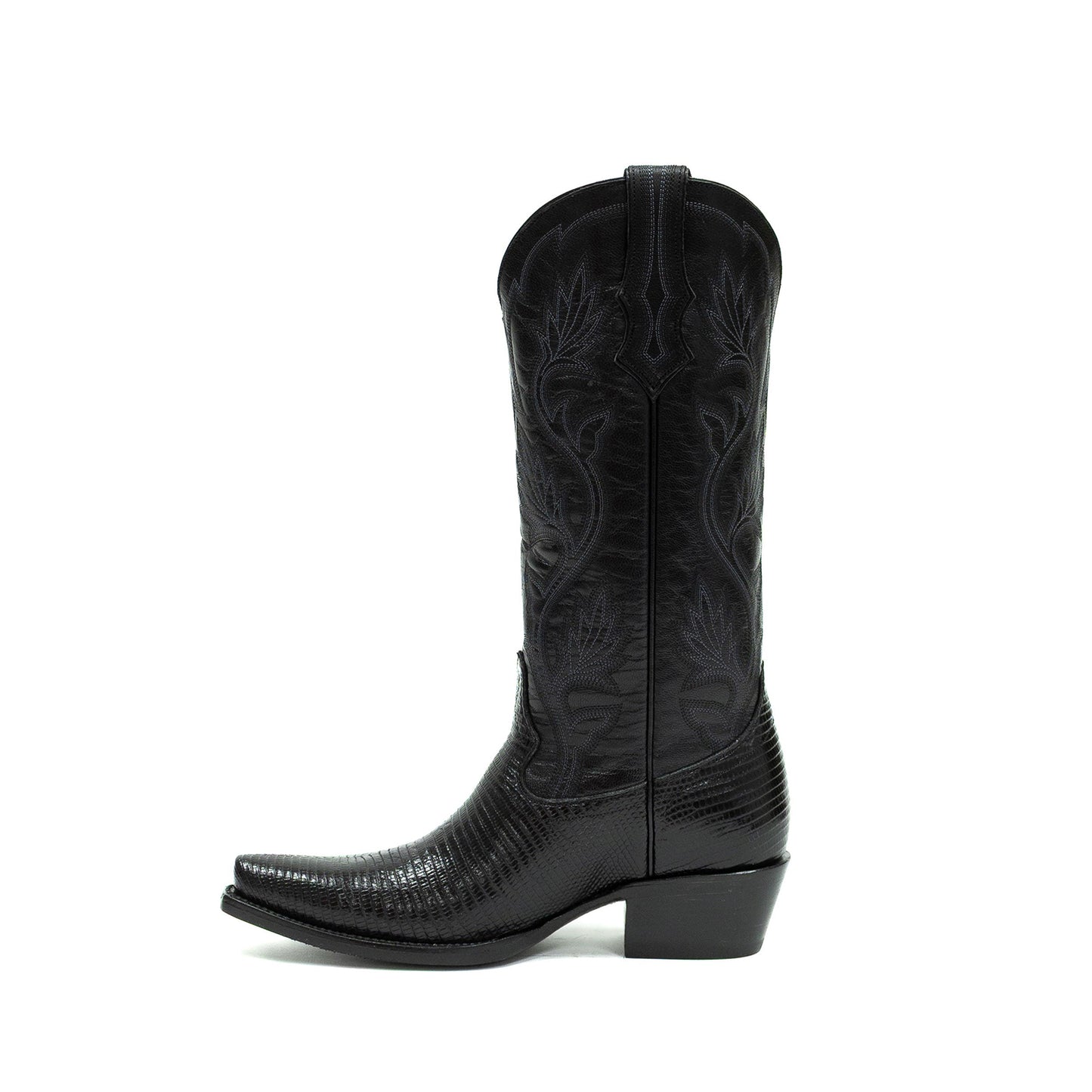 Black Contrast Vegan Leather And Lizard Print Snip-Toe Embroidery Mid Calf Cowgirl Boots