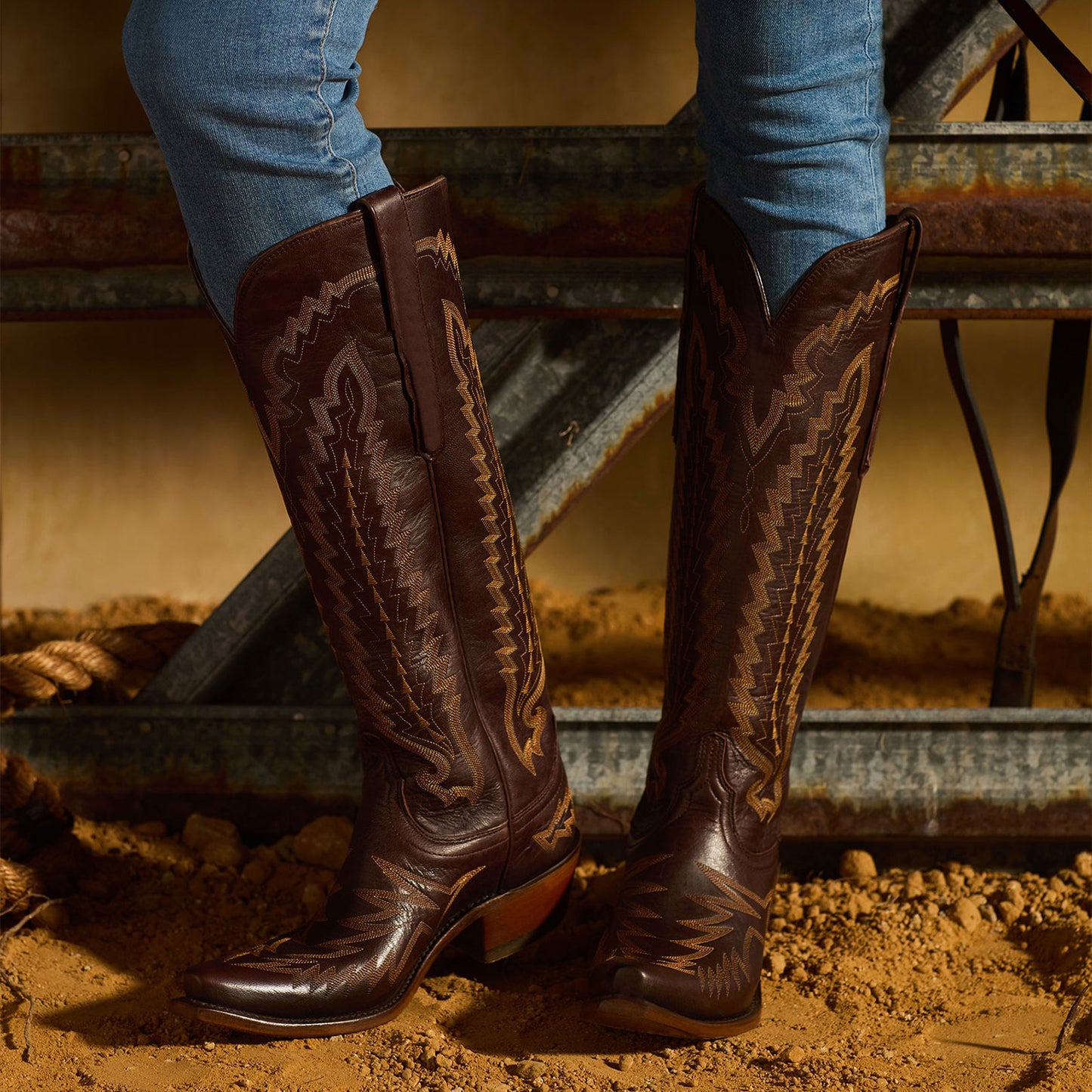 Brown Snip-Toe Western Embroidery Wide Calf Chic Knee High Cowgirl Boots