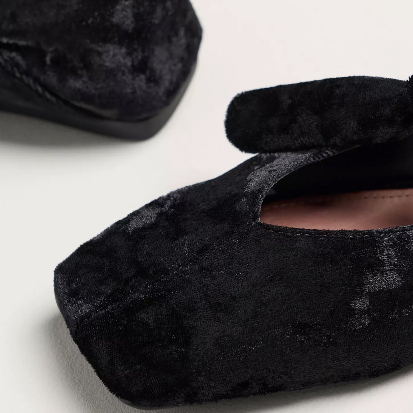 Black Velvet Square-Toe Center Lace-Up Ballet Flats
