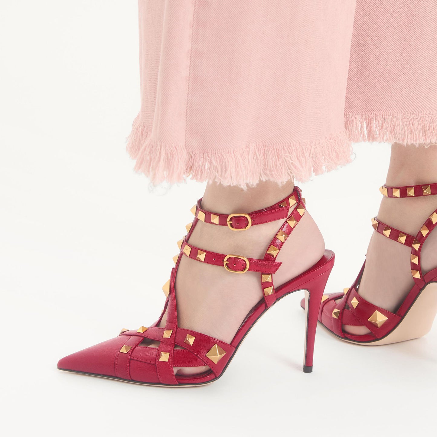 Red Pointed-Toe Studded Strappy Ankle Strap High Heels