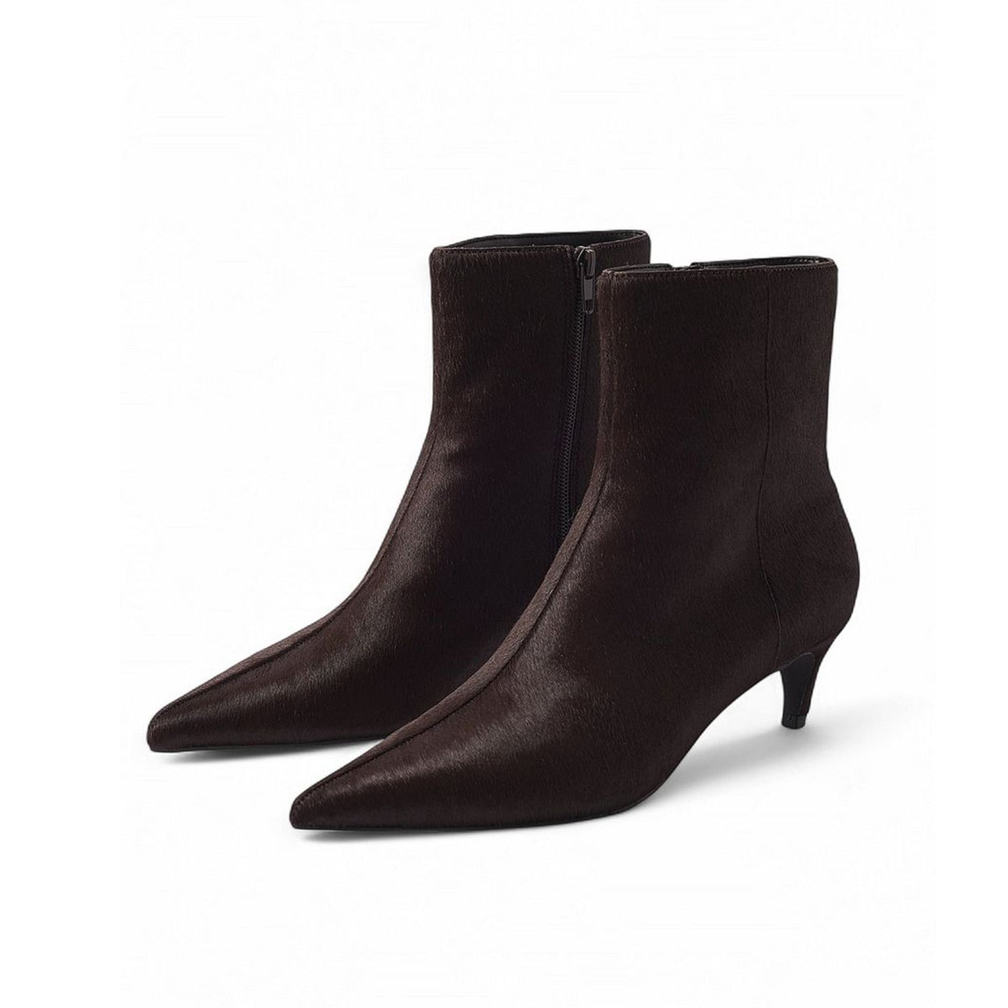Brown Pony Hair Vegan Leather Pointed-Toe Full-Zip Ankle Stiletto Boots