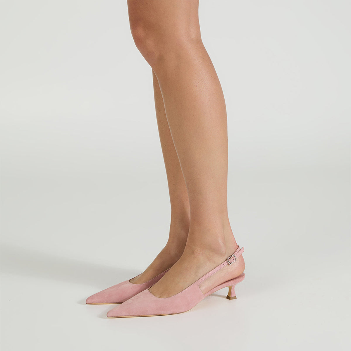 Chic Pointed-Toe Buckle Slingback Kitten Heels - Pink Faux Suede