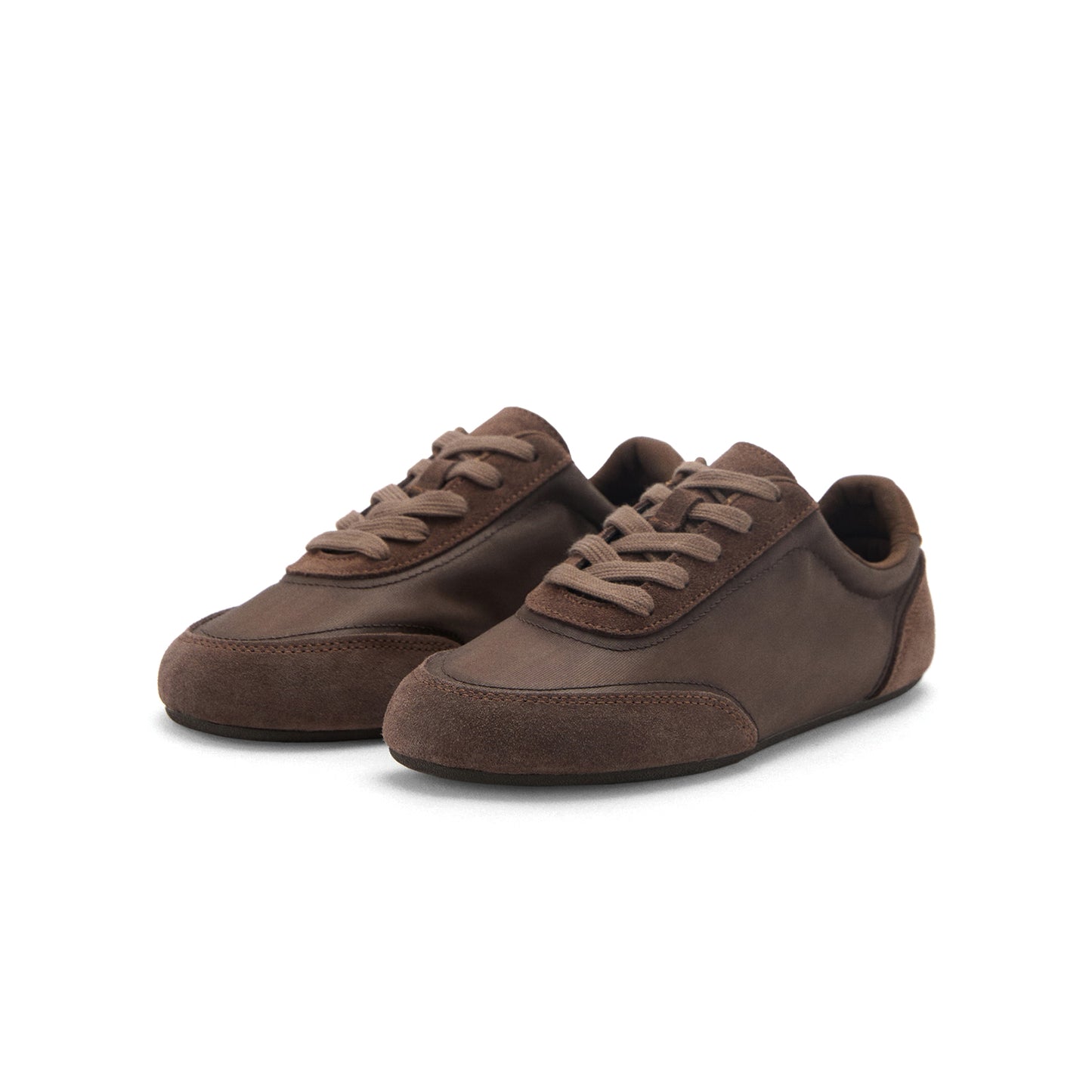 Chocolate Faux Suede And Mesh Round-Toe Lace-Up Sneakers Flats