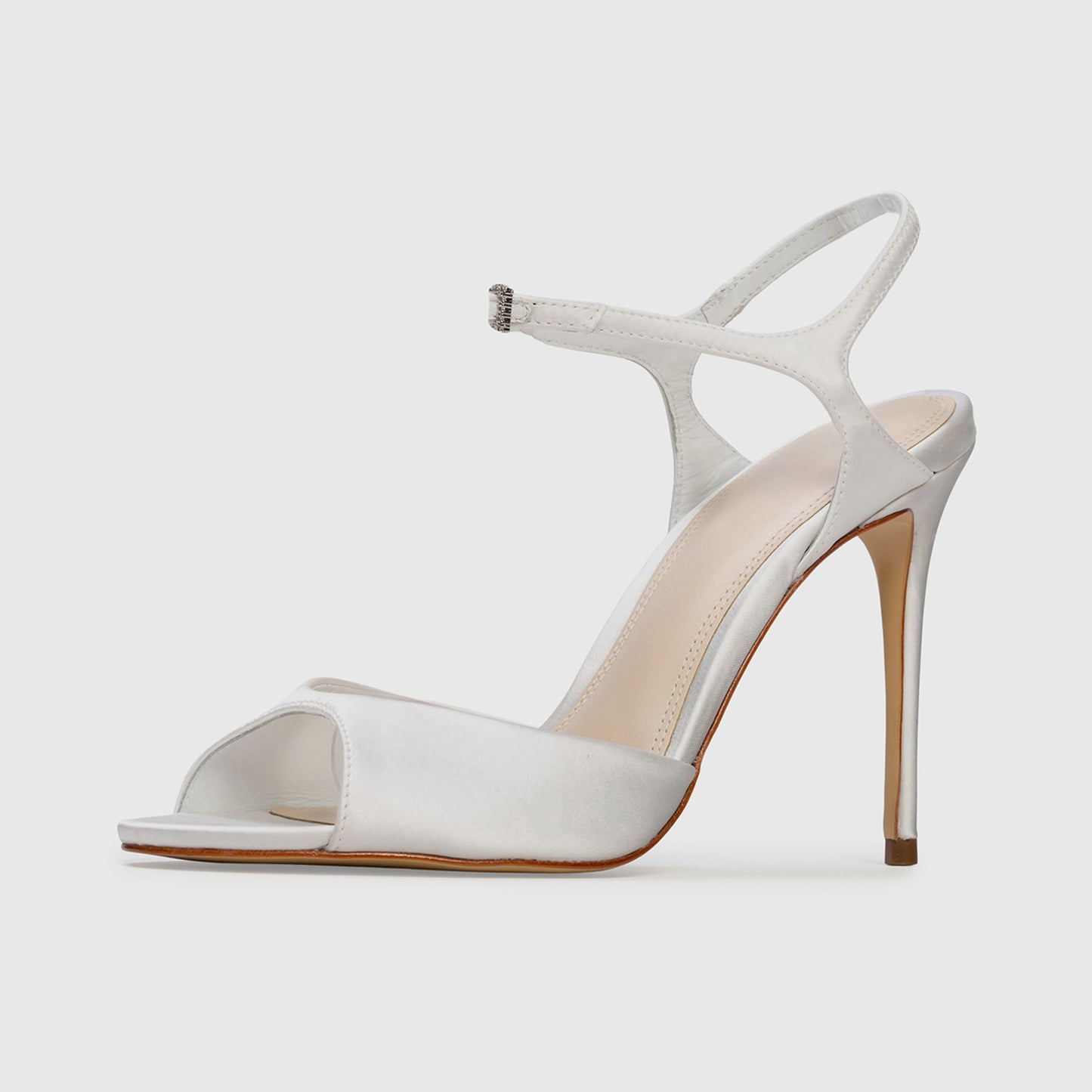 White Satin Peep Round-Toe Ankle Strap Sandals High Heels