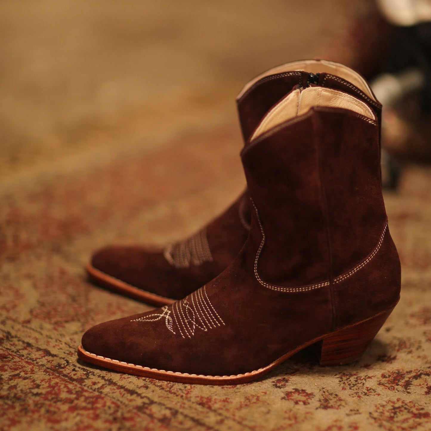 Brown Faux Suede Round-Toe Classic Stitch Full-Zip Ankle Cowgirl Boots