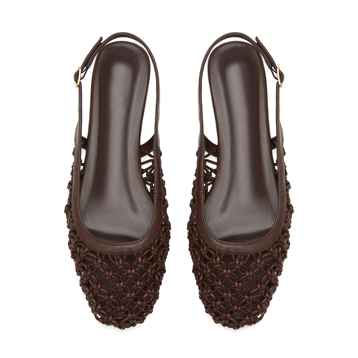 Coffee Woven Vegan Leather Square-Toe Back Buckle Strap Flats