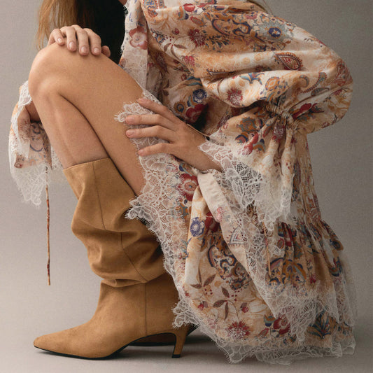 Sand Faux Suede Pointed-Toe Sleek Wide Calf Knee High Stiletto Boots
