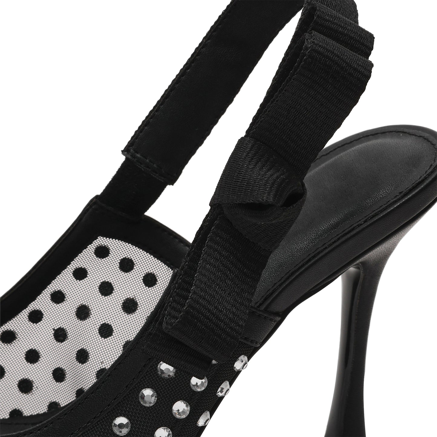 Black Mesh Rhinestones Pointed-Toe Slingback With Bow High Heels Pumps