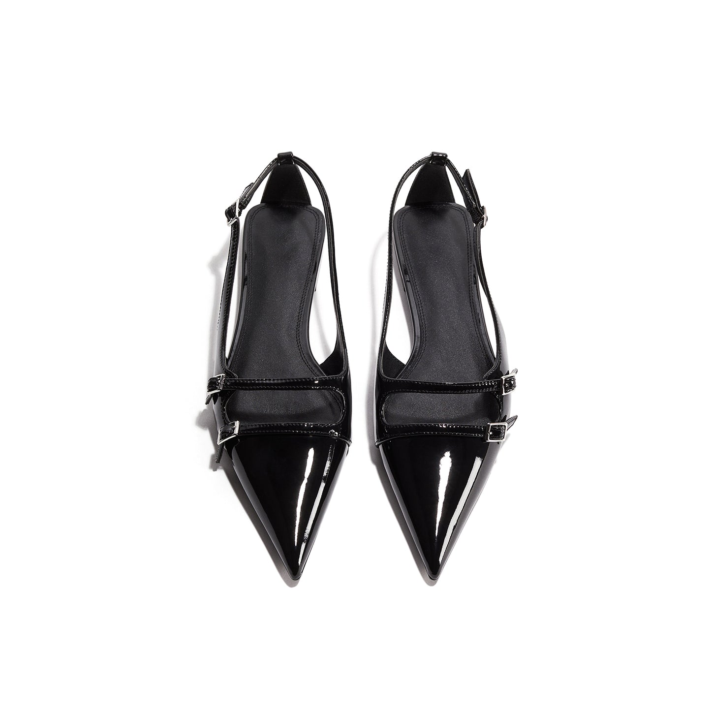 Patent Black Pointed-Toe Front Double Straps Slingback Flats