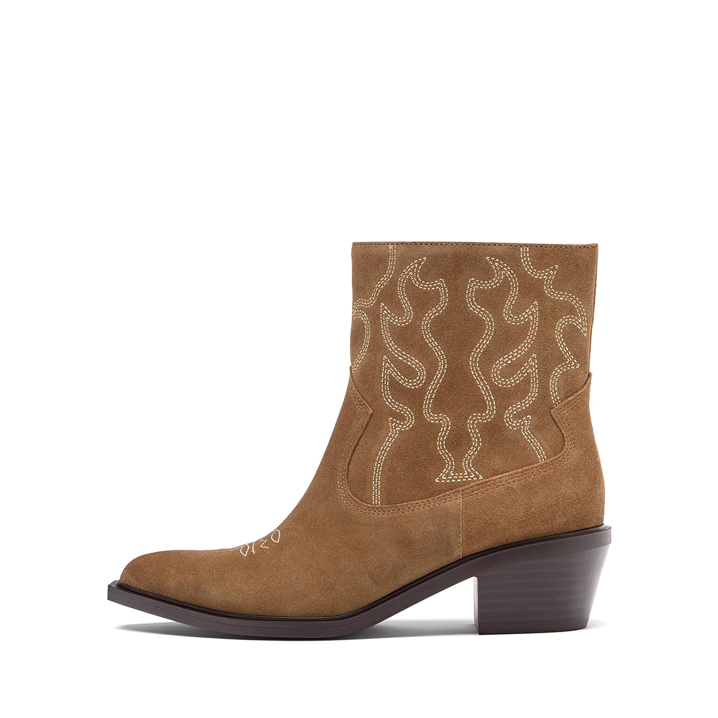 Camel Faux Suede Almond-Toe Embroidery Detail Full-Zip Ankle Cowgirl Boots