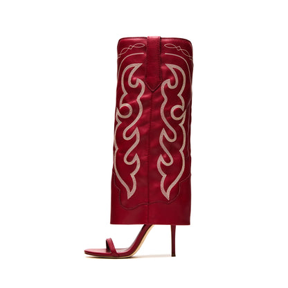 Red Open Round-Toe Fold-Over Embroidery Wide Calf Knee High Stiletto Boots