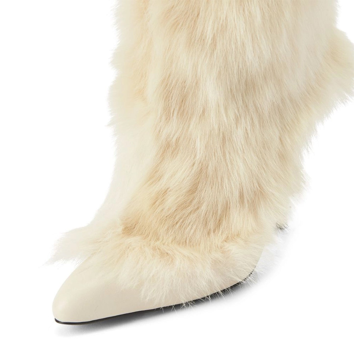 Cream Pointed-Toe Full Plush Mid Calf Stiletto Boots