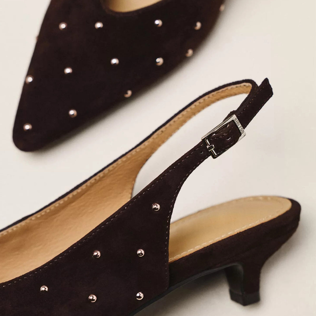 Chocolate Faux Suede Pointed-Toe Full Tiny Studs Back Strap Kitten Heels