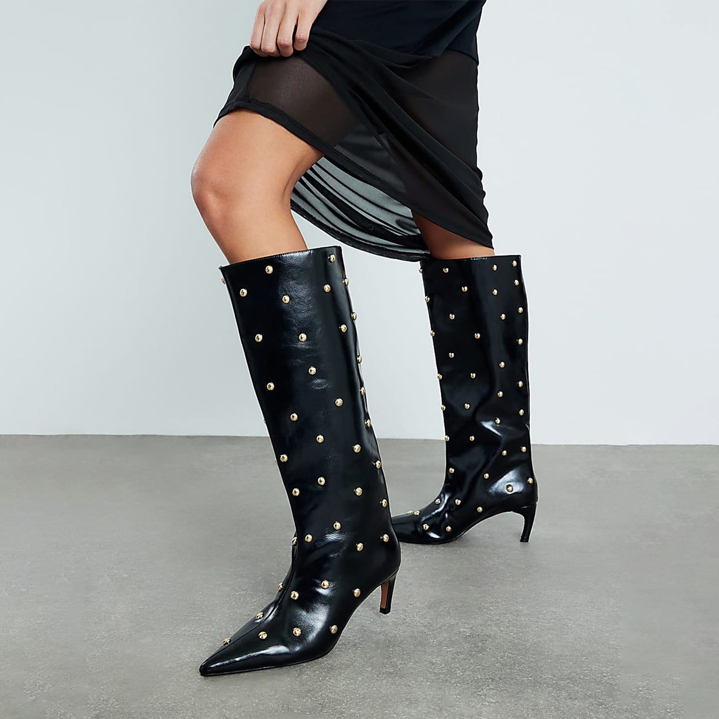 Black Pointed-Toe Studded Wide Calf Knee High Stiletto Boots