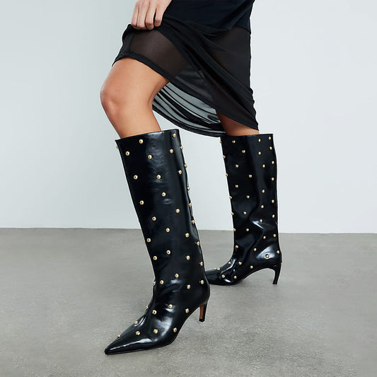 Black Pointed-Toe Studded Wide Calf Knee High Stiletto Boots