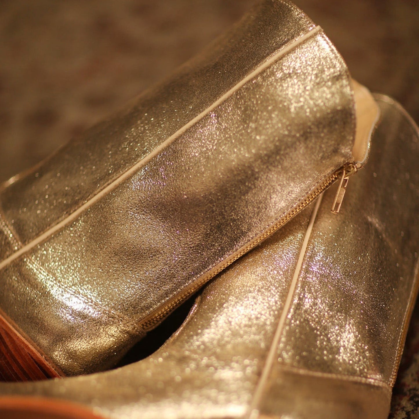 Metallic Gold Almond-Toe Simple Back Full-Zip Mid Calf Cowgirl Boots