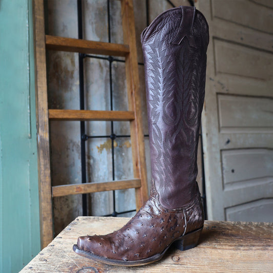 Chocolate Contrast Vegan Leather And Ostrich Print Snip-Toe Embroidery Half-Zip Knee High Cowgirl Boots