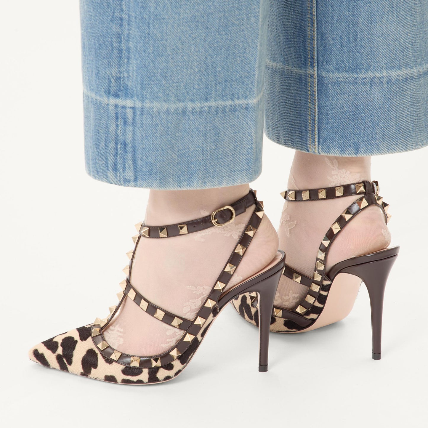 Cow Pointed-Toe Studded Strappy Slingback High Heels