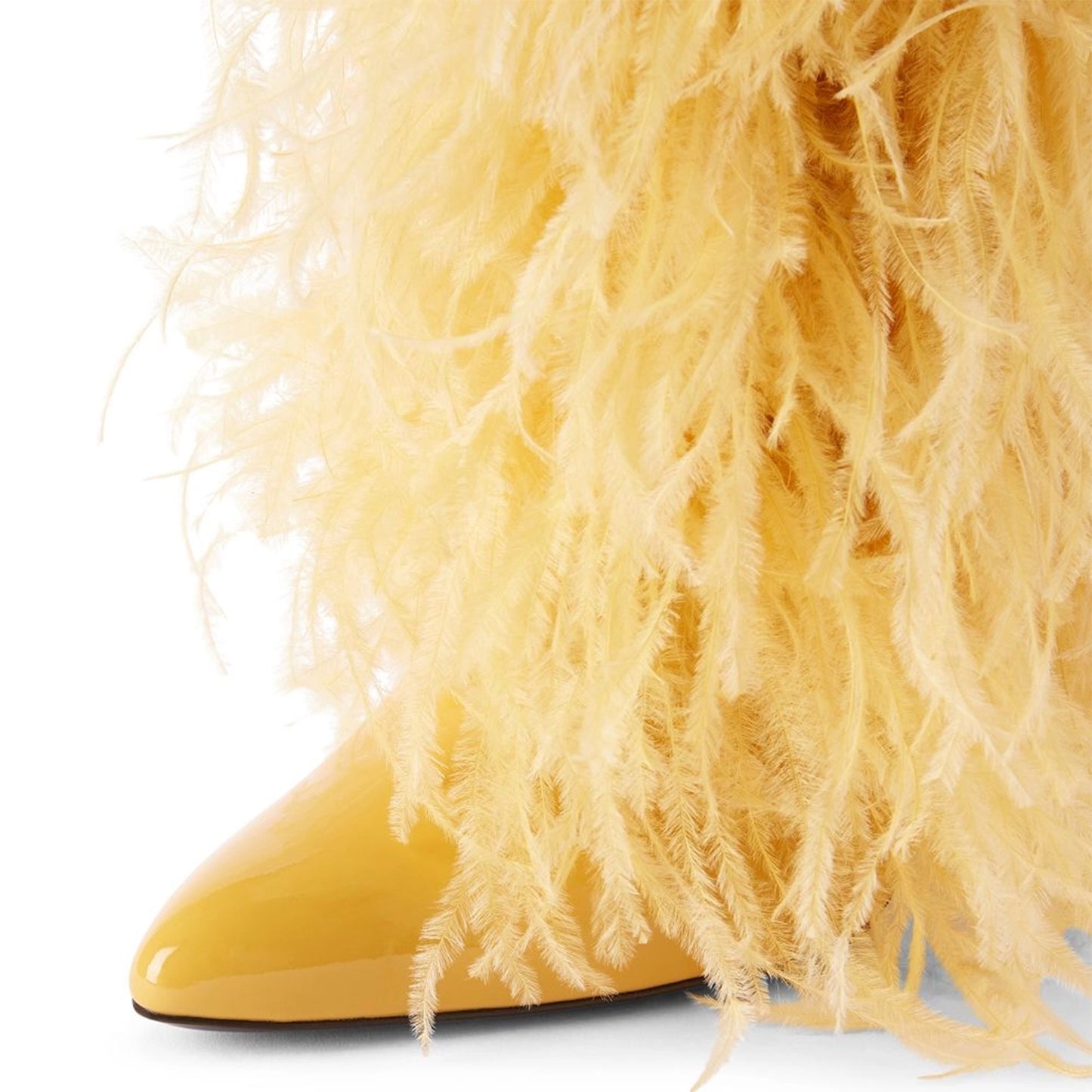 Patent Yellow Pointed-Toe Full Feather Wide Calf Knee High Stiletto Boots