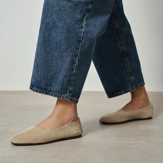 Beige Cow Suede Round-Toe Slip-On Classic Ballet Flats
