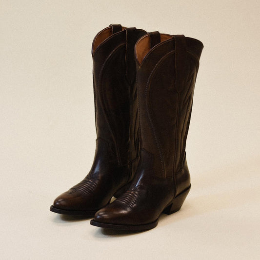 Dark Honey Almond-Toe Mid Calf Simple Embroidery Cowgirl Boots