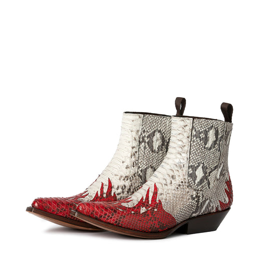 Contrast Gray And Red Snakeskin Print Pointed-Toe Simple Ankle Cowgirl Boots