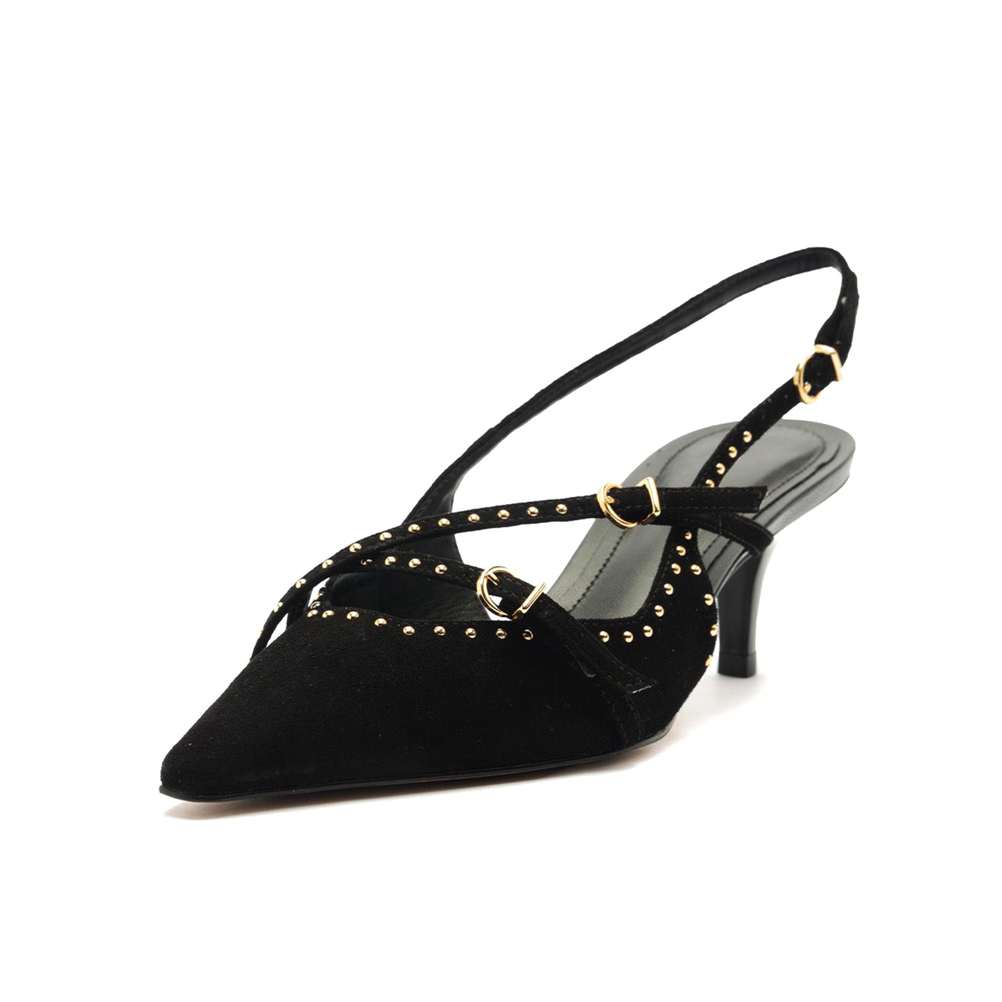 Black Faux Suede Pointed-Toe Studded Strappy Slingback Kitten Heels