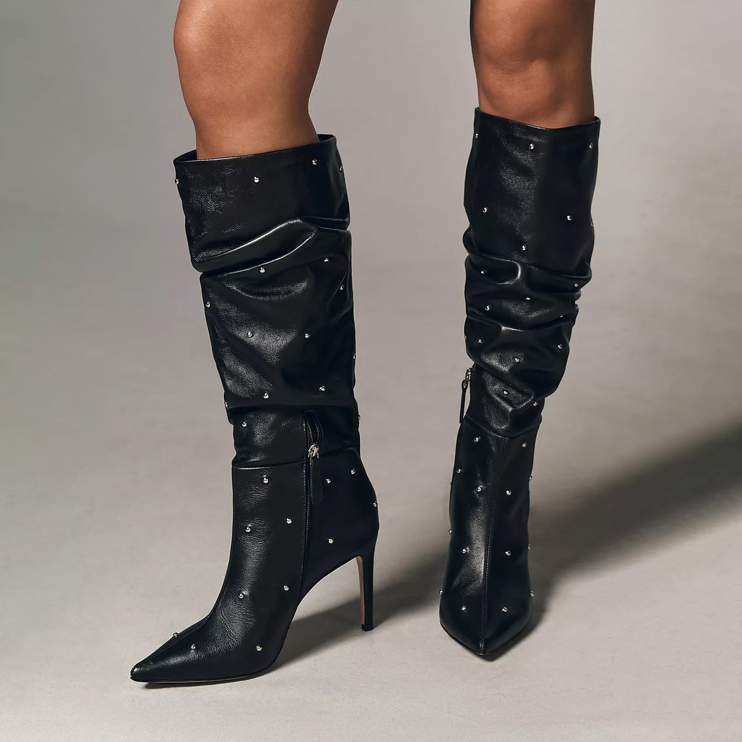 Black Pointed-Toe Studded Half-Zip Knee High Stiletto Boots
