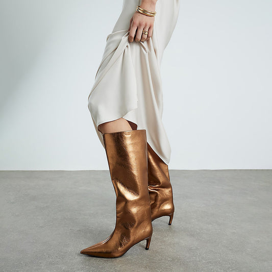 Metallic Bronze Pointed-Toe Sleek Wide Calf Knee High Stiletto Boots
