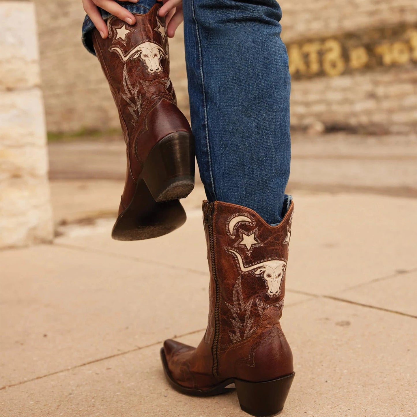 Mahogany Snip-Toe Tauren Moon Stars Inlay And Embroidery Full-Zip Mid Calf Cowgirl Boots