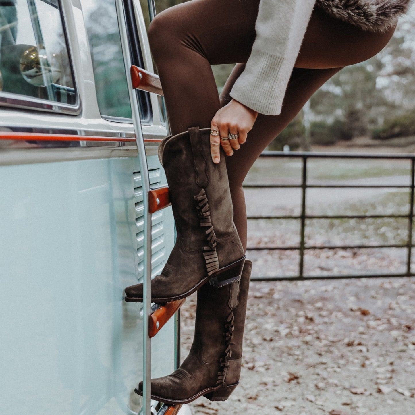 Brown Faux Suede Snip-Toe Short Fringe Mid Calf Cowgirl Boots