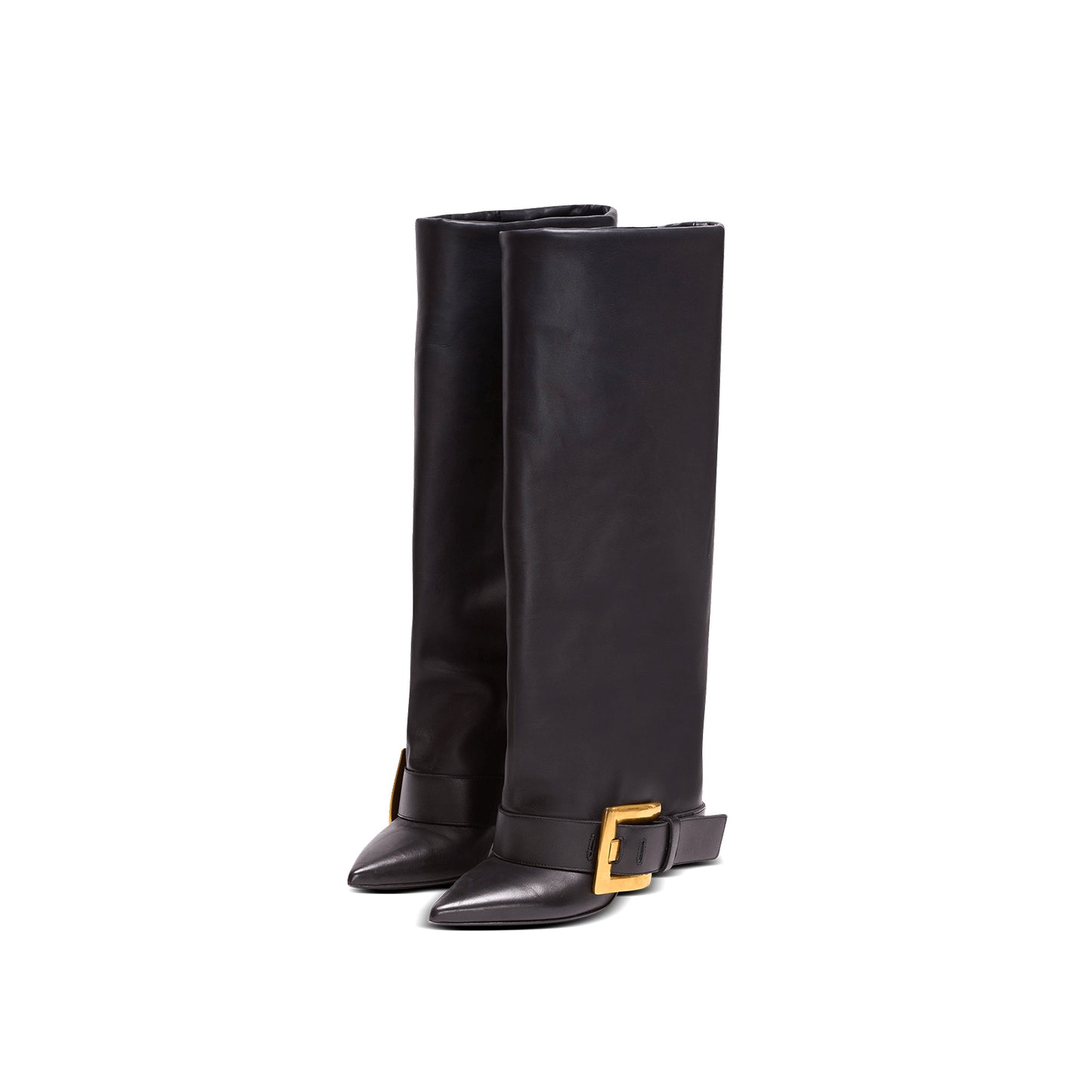 Black Pointed-Toe Bottom Buckle Fold-Over Wide Calf Knee High Stiletto Boots