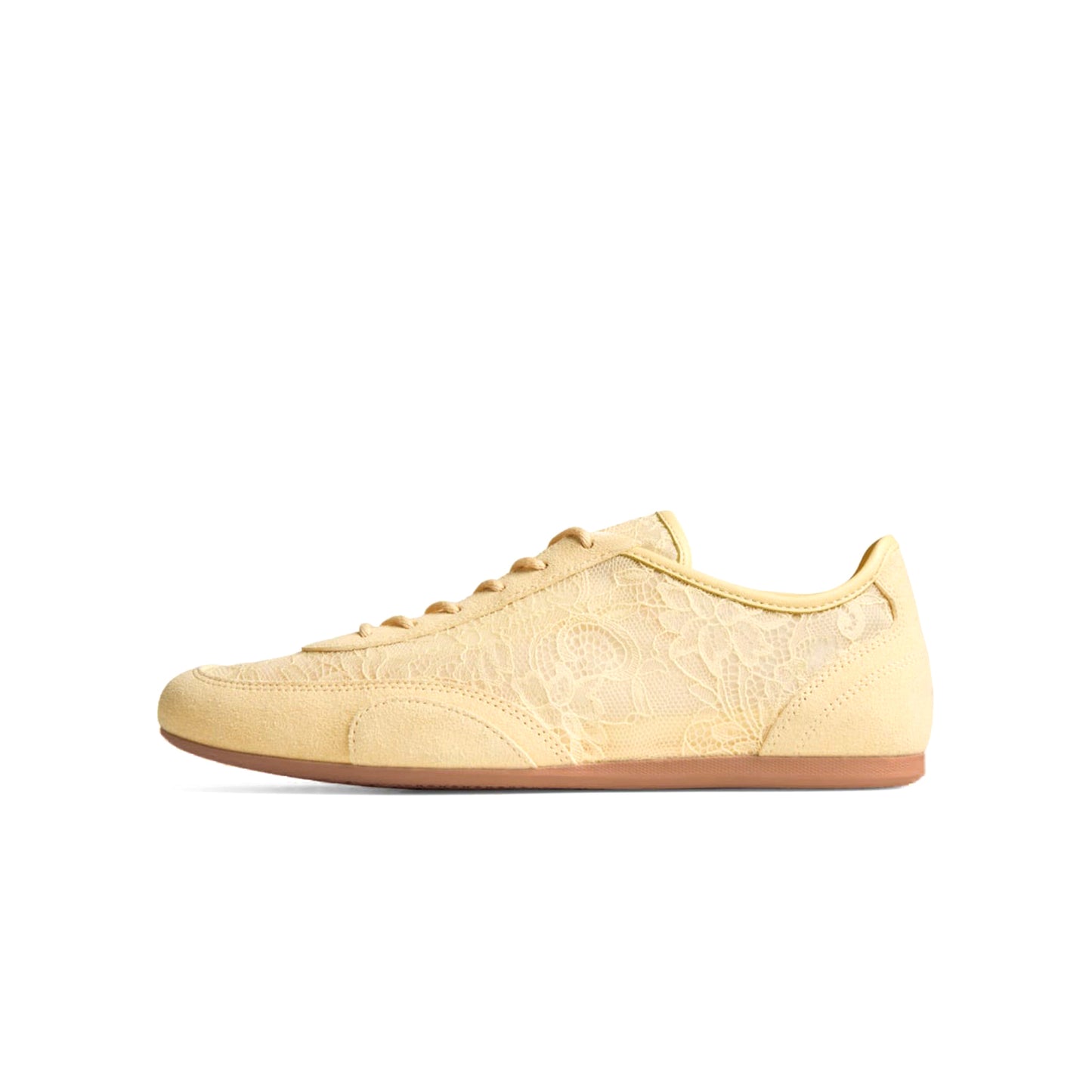 Yellow Faux Suede And Lace Mesh Round-Toe Lace-Up Sneakers Flats