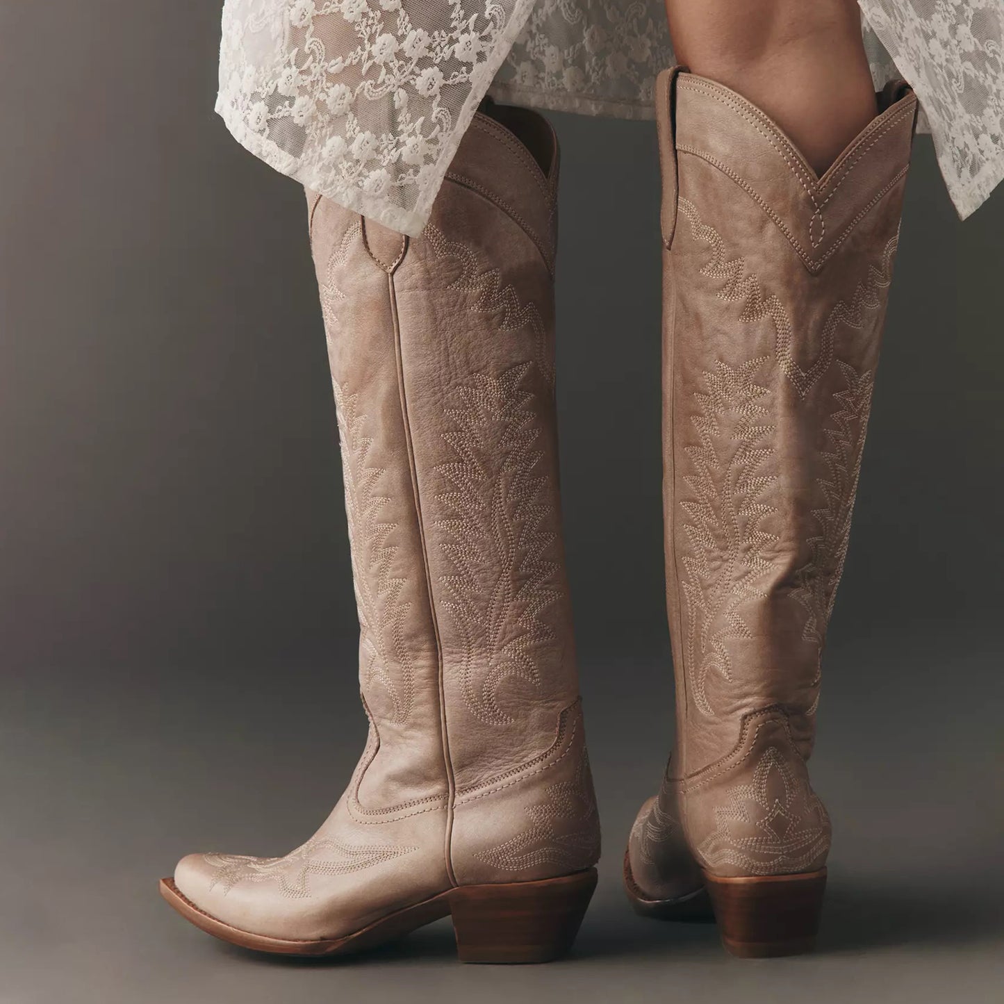Dusty Pink Snip-Toe Chic Embroidery Wide Calf Knee High Cowgirl Boots