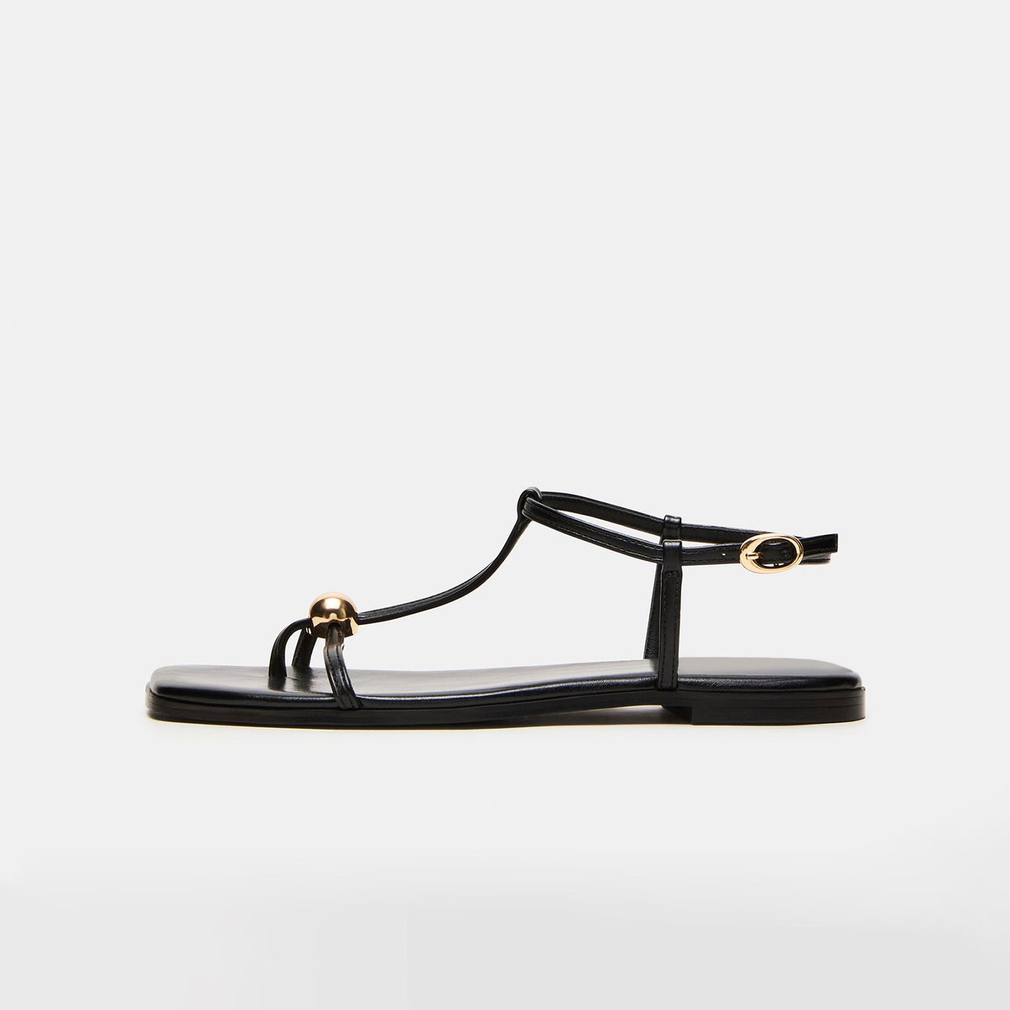 Black Square-Toe Strappy Ankle Strap Sandals Flats