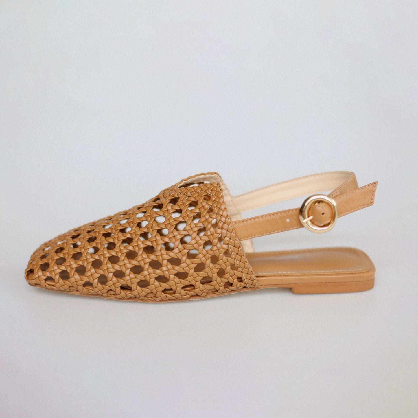 Ochre Woven Vegan Leather Square-Toe Buckle Slingback Flats