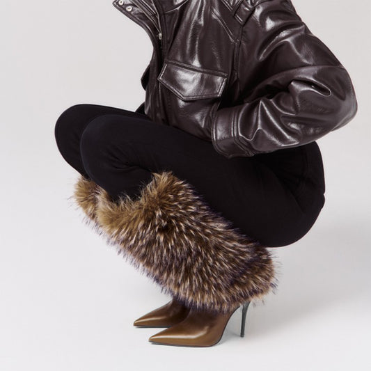 Bronze Pointed-Toe Full Plush Wide Calf Knee High Stiletto Boots