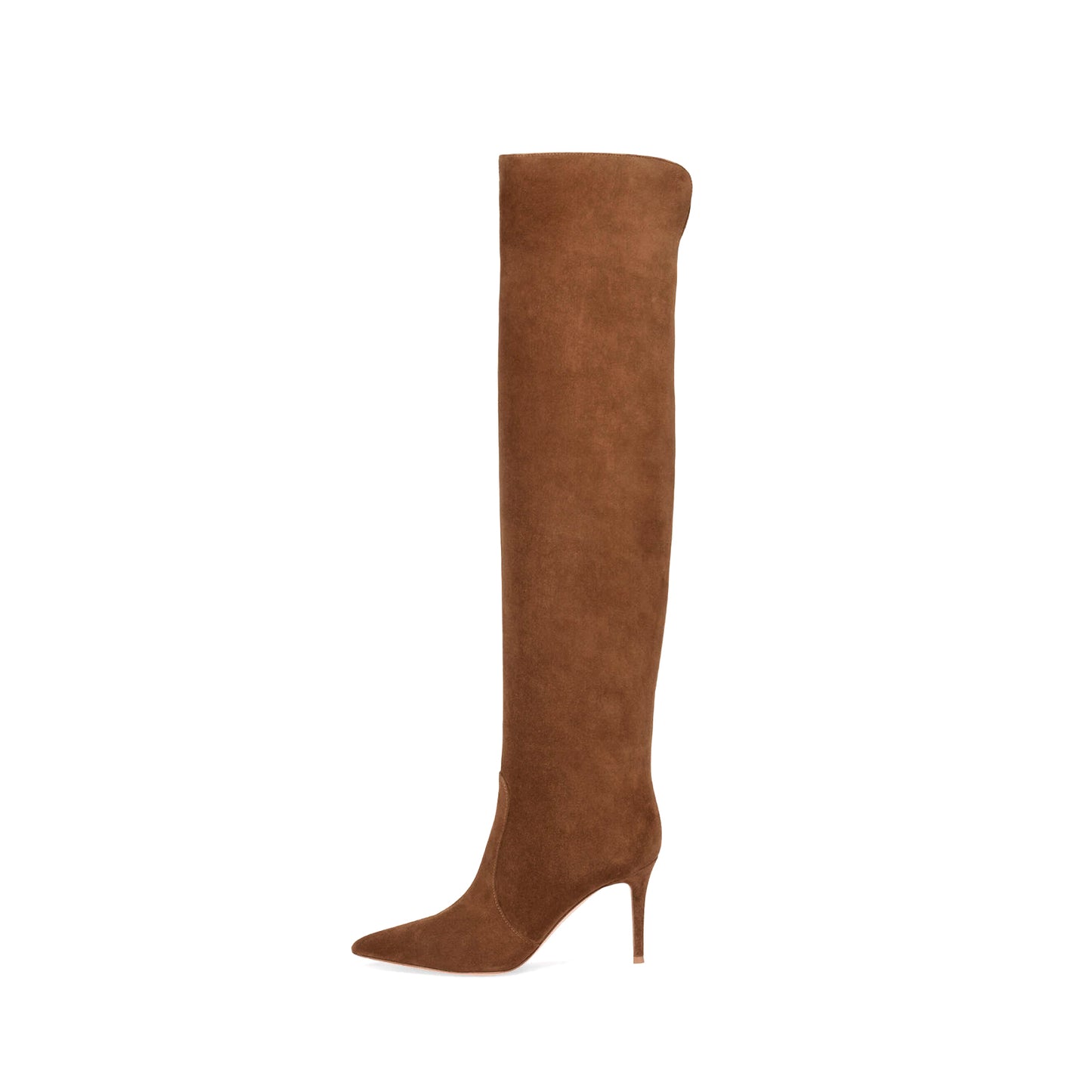 Brown Faux Suede Pointed-Toe Wide Calf Over-The-Knee Stiletto Boots