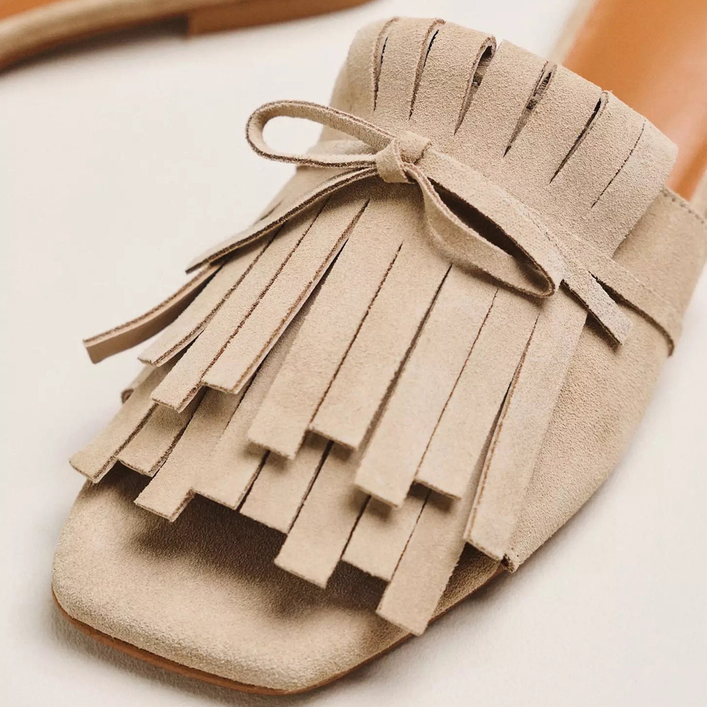 Taupe Faux Suede Peep Square-Toe Front Fringe And Bow Sandals Flats
