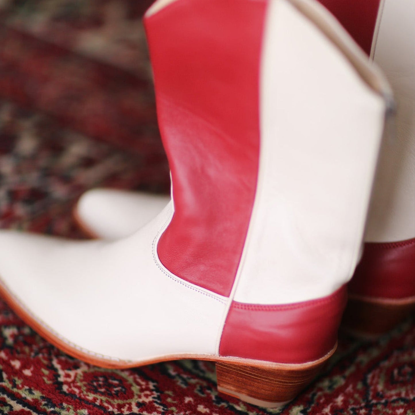 Cream And Red Almond-Toe Simple Back Full-Zip Mid Calf Cowgirl Boots