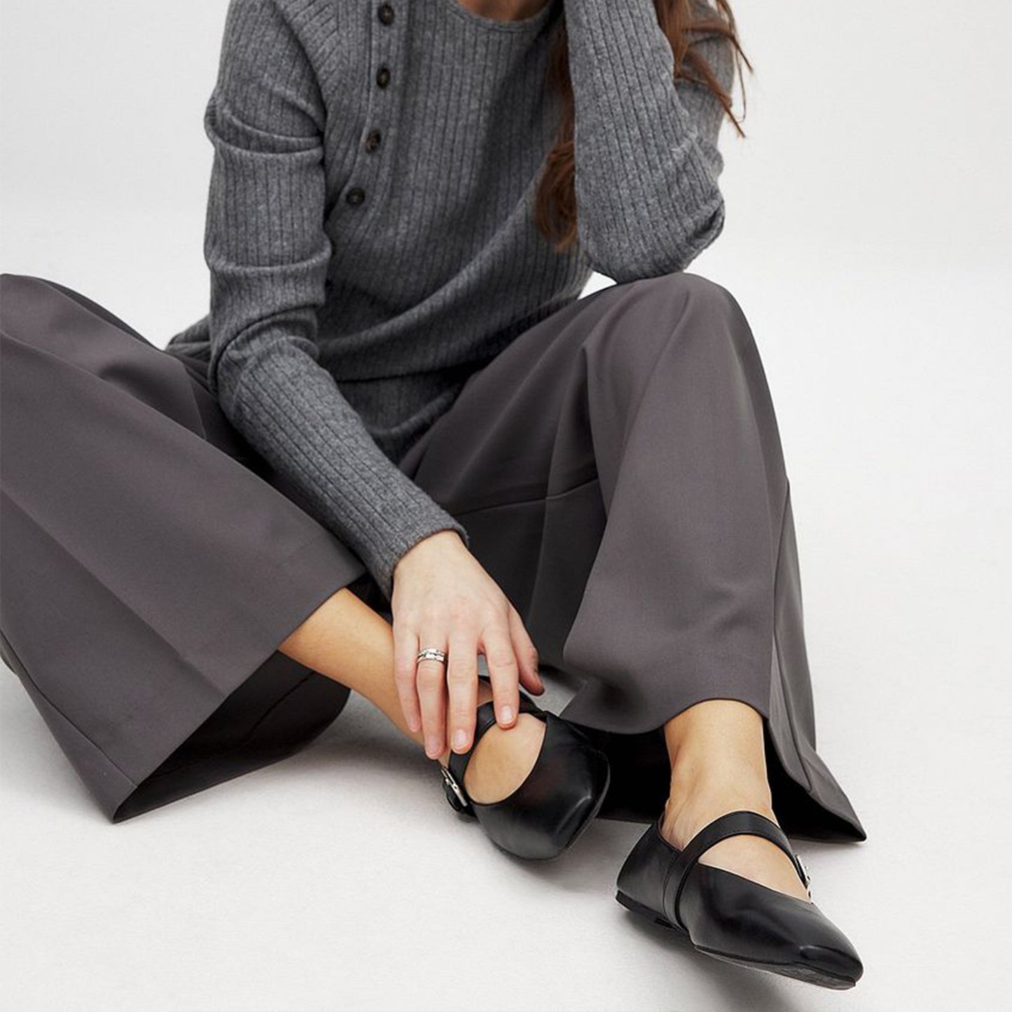 Black Square-Toe Buckle Mary Jane Ballet Flats