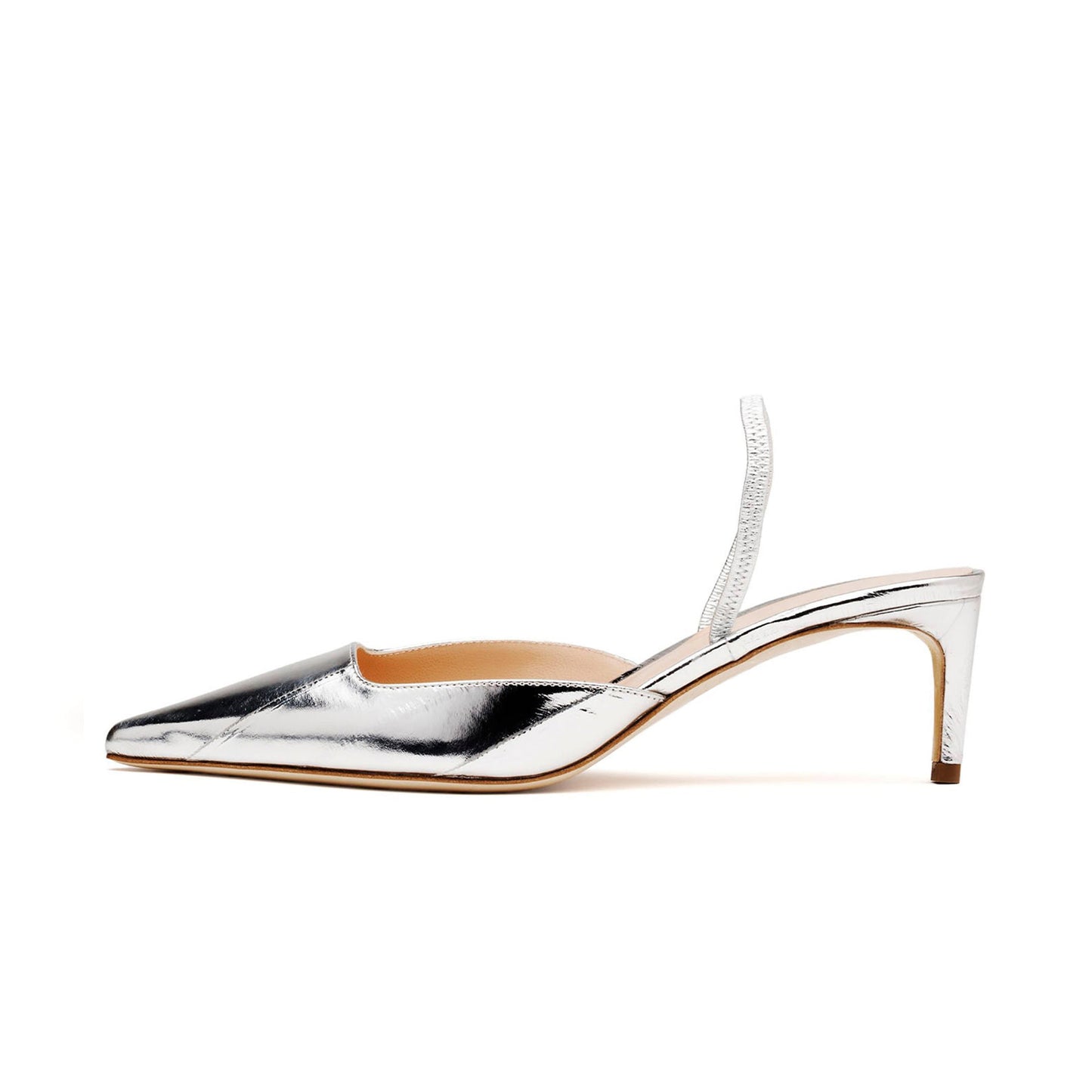 Metallic Silver Eel Pattern Pointed-Toe Classic Slingback Kitten Heels