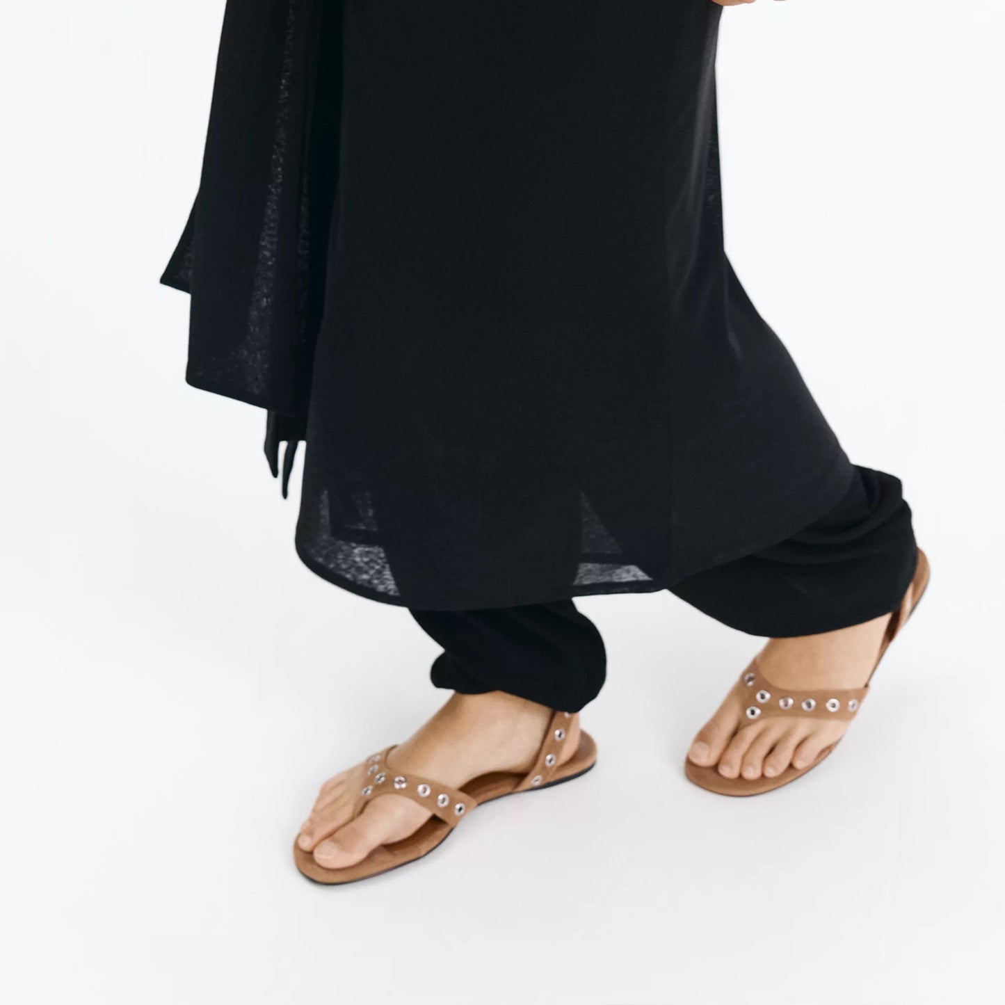 Brown Faux Suede Square-Toe Eyelets Flip-Flop Ankle Strap Flats