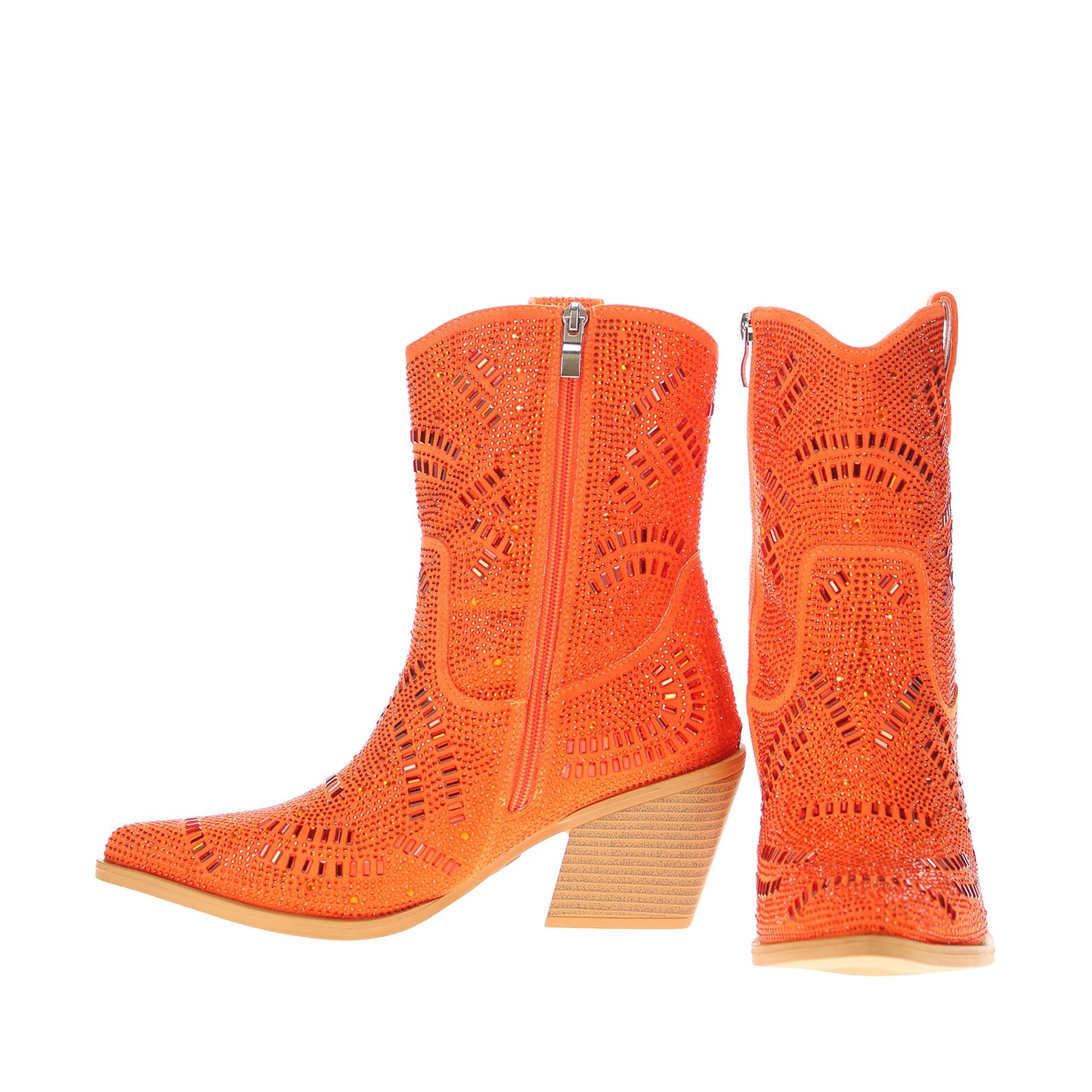Orange Faux Suede Pointed-Toe Full Crystals Full-Zip Ankle Cowgirl Boots