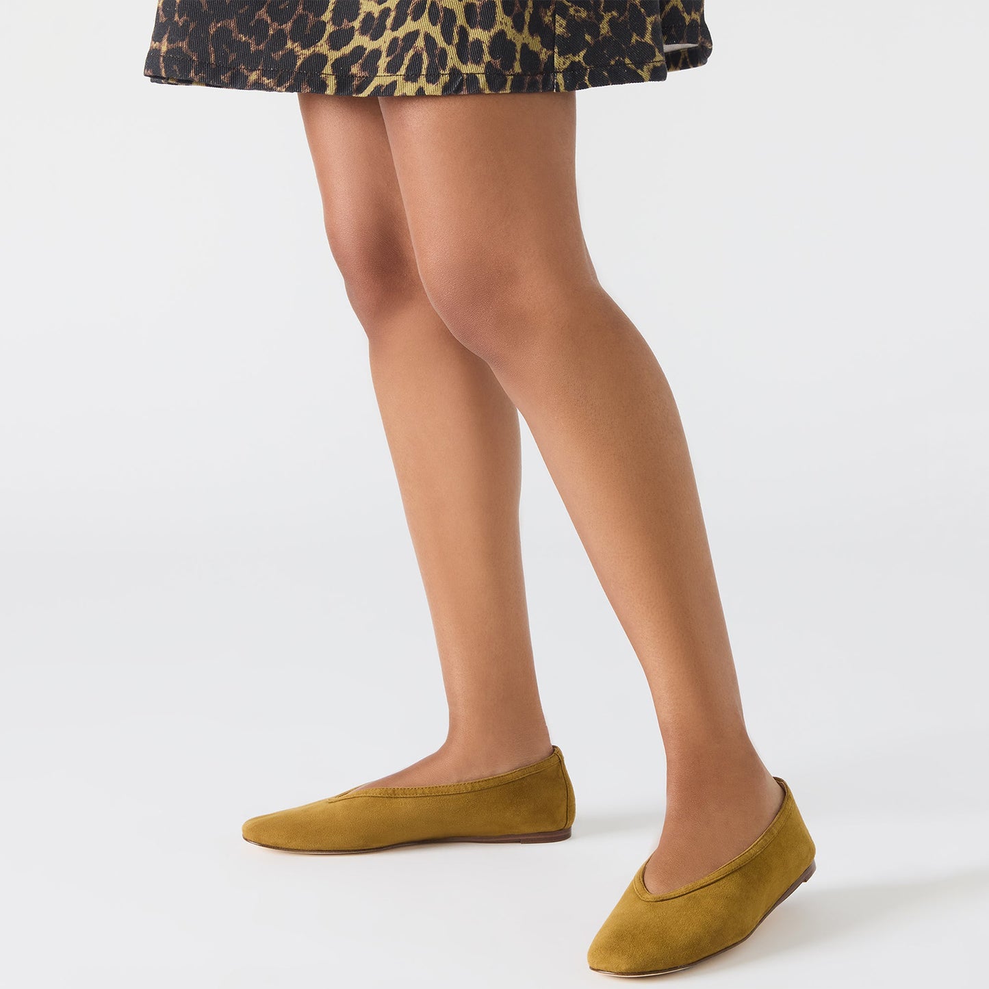 Tan Faux Suede Elegant Square-Toe Rhinestone Slip-On Flats