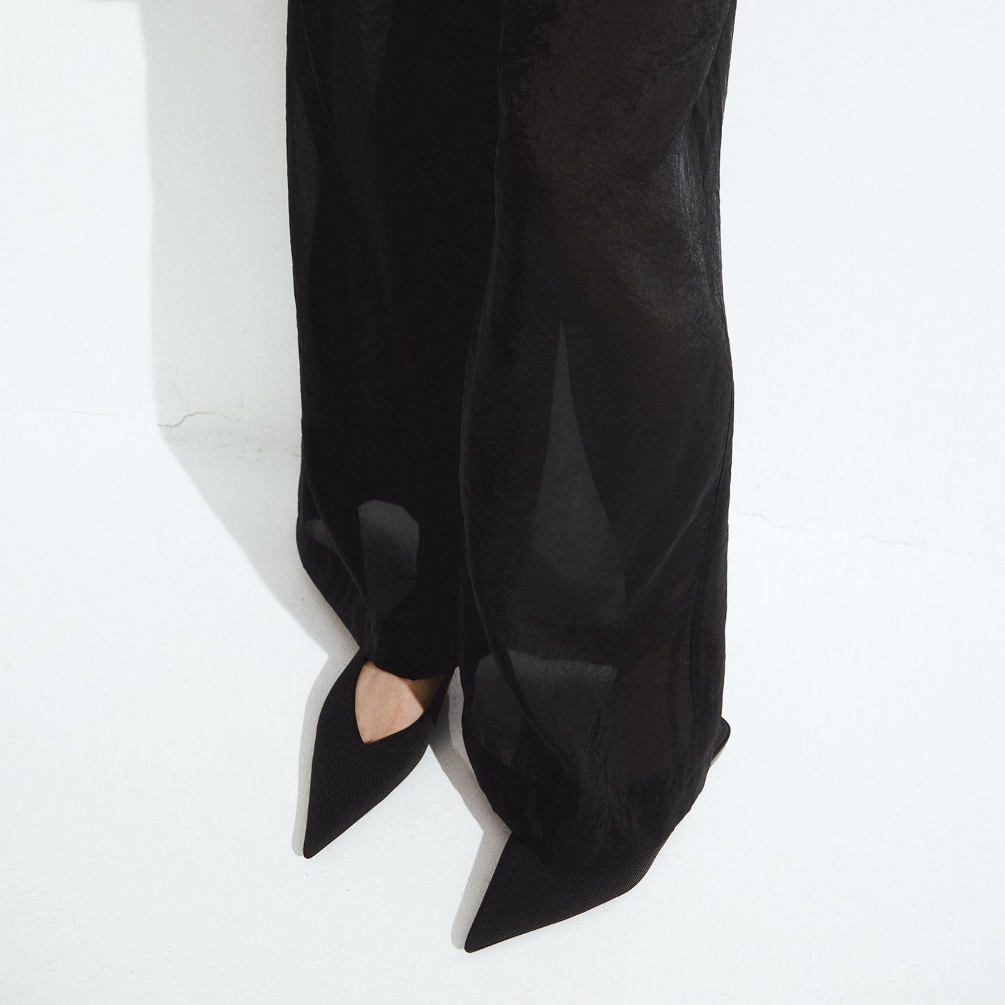 Black Satin Pointed-Toe Slingback Flats